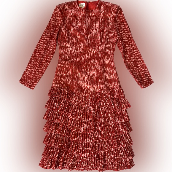 Vintage Neiman Marcus 1980s Red Dots Ruffle Dress 100% Silk SZ 4 - Picture 4 of 15